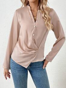 SHEIN LUNE Blusa unicolor fruncido delantero con botón delantero - Champán - Ver 3