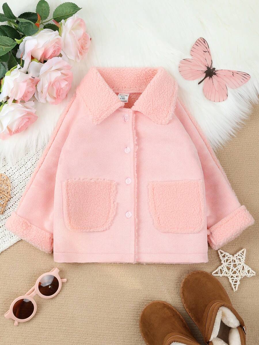 Baby Girl Dual Pocket Raglan Sleeve Teddy Lined Coat