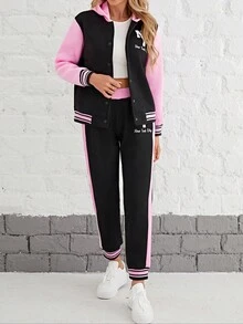 SHEIN Unity 女士字母印花拼色棒球外套和褲子套裝 - 彩色 - 查看 4