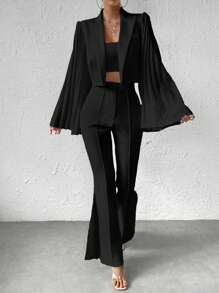 Chiquease Solid Short Blazer And Slit Hem Pants Western Suit Set - Black - View 5