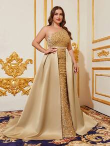 Plus-Size One-Shoulder Sequin Evening Gown With Dramatic Fishtail Hem Formal Dress - Champagne - View 5