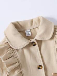 SHEIN 女小童荷葉邊前蝴蝶結花呢外套&圍巾 - 卡其色 - 查看 4