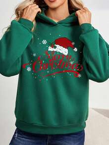 SHEIN LUNE Christmas Print Drop Shoulder Hoodie - Dark Green - View 8