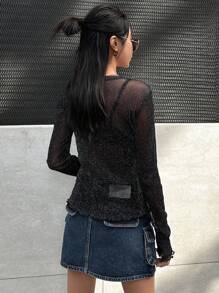 Dazy Star 生菜边透明网眼上衣（无胸罩）外出上衣节日长袖女式上衣，秋季女装 - 黑色 - 查看 4