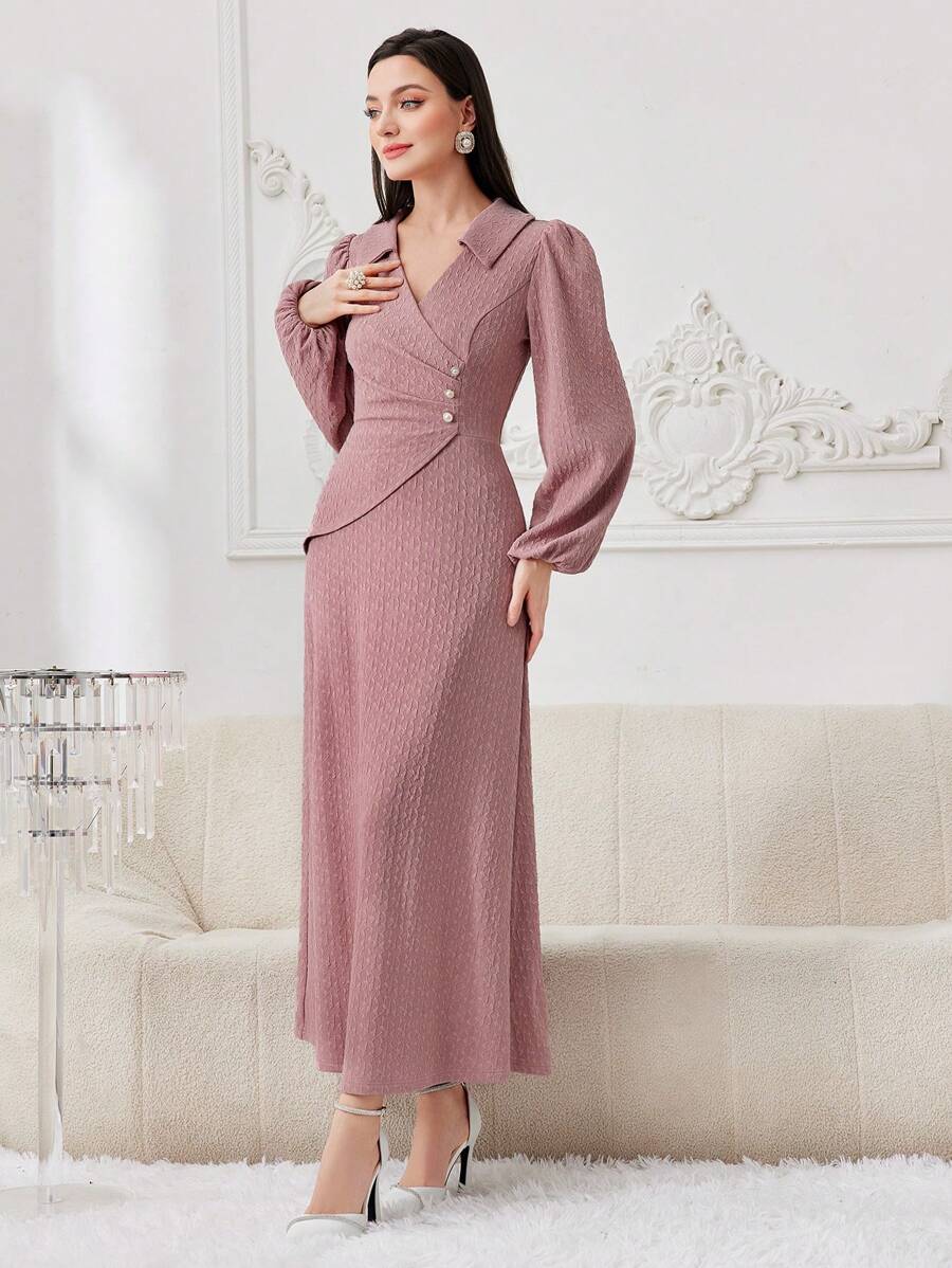 Modelyn 女士洋袖和褶皺細節的阿拉伯風格連衣裙 - 藕粉色 - 查看 1