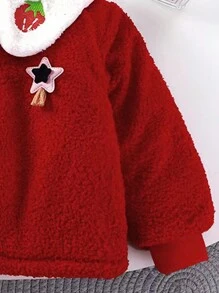 SHEIN 女小童草莓刺繡彼得潘領絨毛外套 - 紅色 - 查看 5