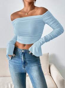 Firerie Concert Off Shoulder Ruched Split Cuff Bodycon Crop Top - Baby Blue - View 5