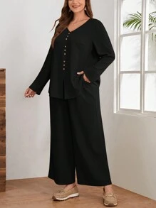 EMERY ROSE Plus Button Front Top & Wide Leg Pants - Black - View 3