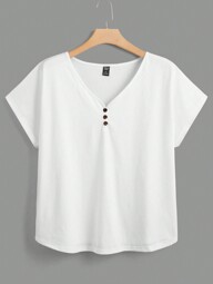EMERY ROSE Plus Button Detail Batwing Sleeve Tee
