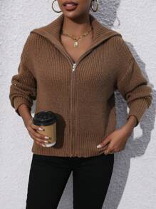 Chiquease Thả vai Dây kéo Áo len Mở - Màu Khaki - Xem 5