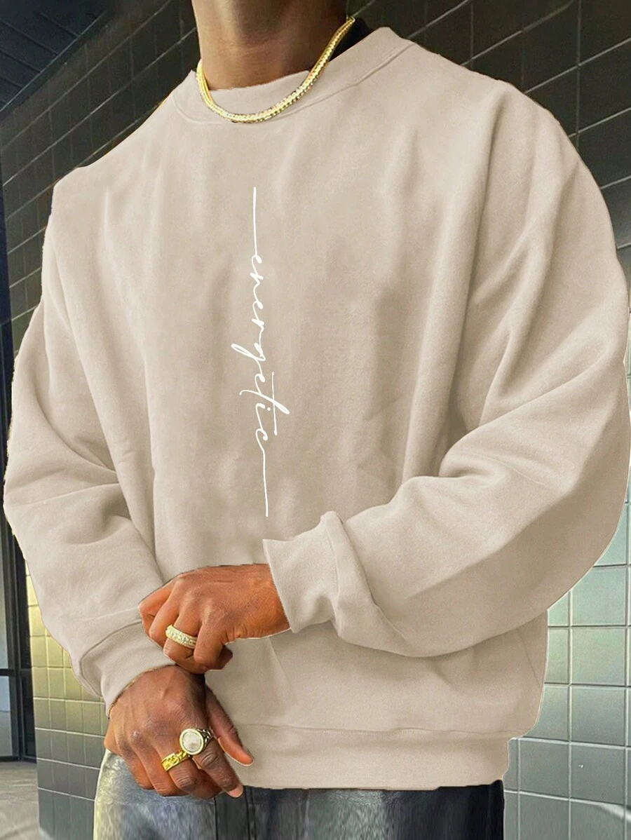 RueChic Men's Drop Shoulder Letter Print Sweatshirt - Beige - View 1
