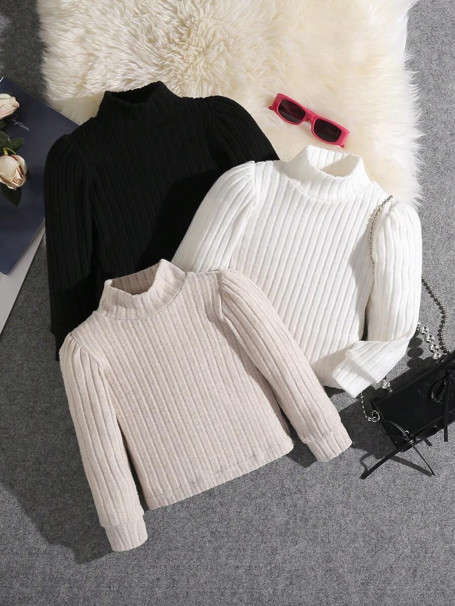 SHEIN Young Girl 3pcs Ribbed Collar Solid Color T-Shirts - Multicolor - View 1