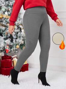 SHEIN Essnce Women'S Plus Size Warm Thermal Lined Leggings For Christmas & New Year - Dark Grey - View 1