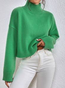 SHEIN LUNE High Neck Drop Shoulder Sweater - Mint Green - View 4