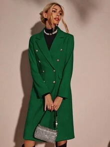 SHEIN Clasi 冬季双排扣纯色大衣 - 綠色 - 查看 4