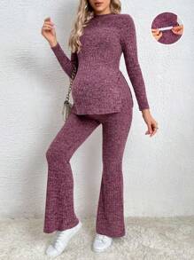 SHEIN 孕婦下擺開叉T恤&可調節腰圍喇叭褲 - 紅木色 - 查看 1