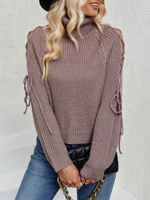 SHEIN LUNE 高领系带插肩袖针织套头衫秋冬毛衣 - 駝色 - 查看 3