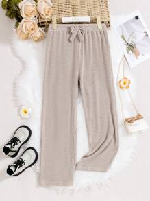 SHEIN Quần ống rộng cạp cao phong cách Pháp của Tween Girls có trang trí nơ - Màu Khaki - Xem 1