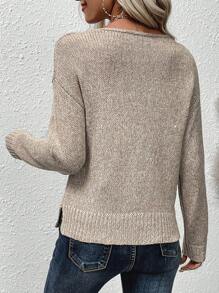 SHEIN Essnce Drop Shoulder Split Hem Sweater - Mocha Brown - View 2