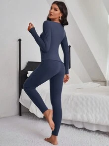 蕾絲邊保暖內衣套裝 - 藍色 - 查看 2