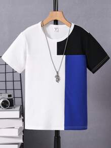SHEIN 少年時尚拼接圓領短袖T恤，休閒舒適