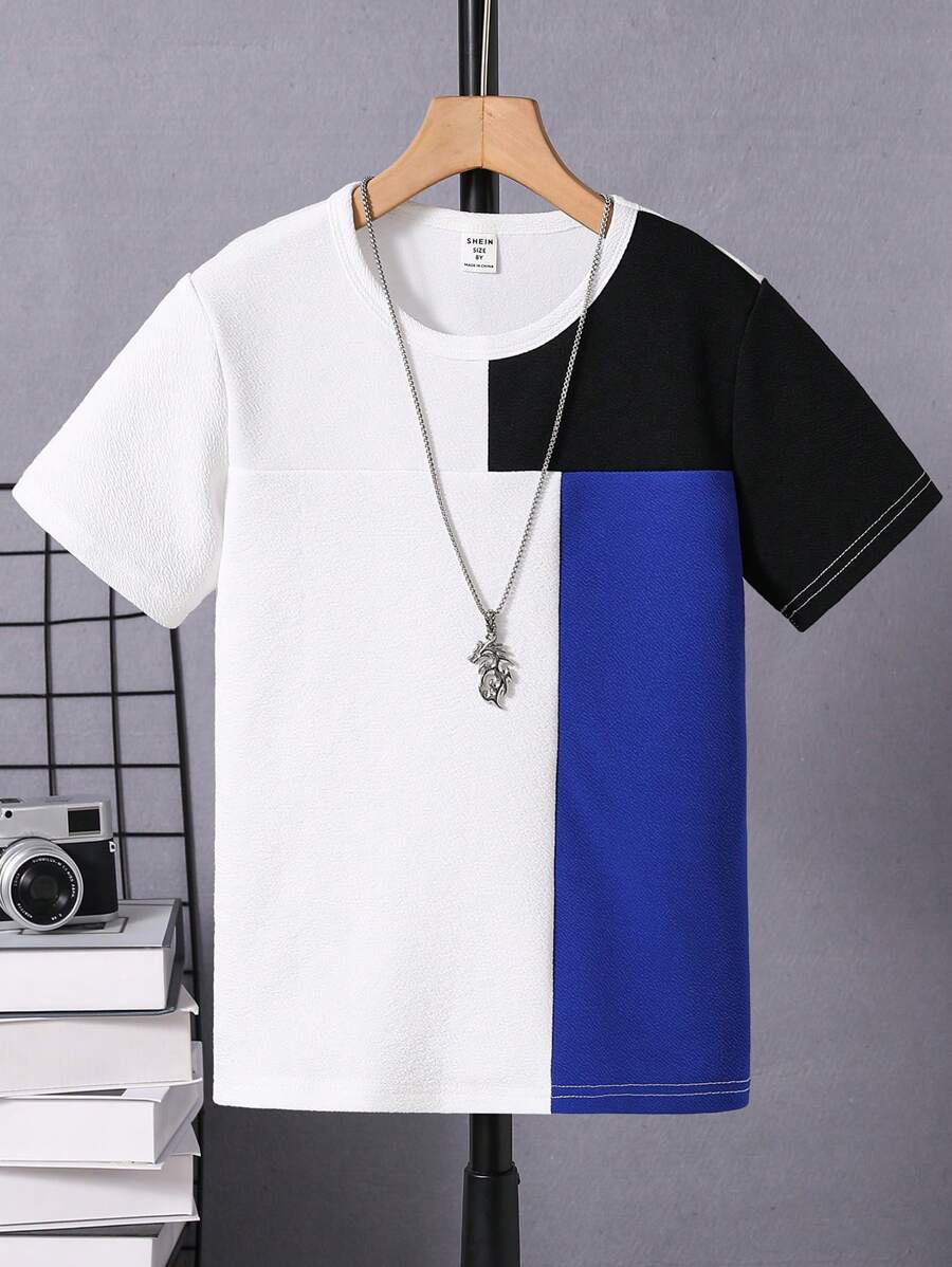 SHEIN 少年時尚拼接圓領短袖T恤，休閒舒適