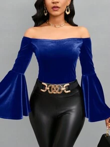 SHEIN Lady 一字肩鐘形袖絲絨T恤 - 寶藍色 - 查看 7