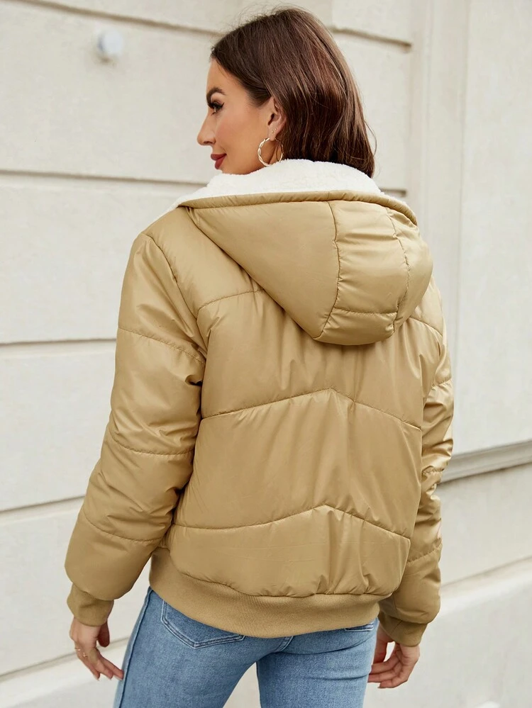 Zip Up Teddy Lined Hooded Padded Padded Coat Clothes Winter Fall Cloth For Women