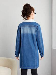 SHEIN 青少年女孩翻蓋口袋毛絨內襯牛仔外套 - 深色水洗藍 - 查看 2