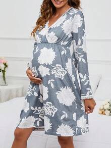 孕婦印花交疊領蕾絲邊睡裙