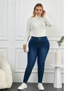 RueChic Plus Size  High Waist Stretch Skinny Jeans With Washed Finish - Medium Wash - View 3