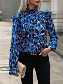 SHEIN LUNE 满版印花荷叶边荷叶袖衬衫、长袖上衣 - 藍色 - 查看 5