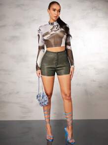 SHEIN BAE Women's Slim Fit Leather Shorts - Brown - View 3