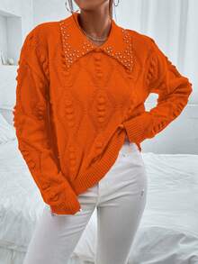 SHEIN Privé Suéter De Hombro Caído Con Abalorios De Diamantes De Imitación - Naranja - Ver 5