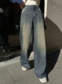 Dazy Star 女款斜口袋高腰寬腿牛仔褲 - 深色水洗藍 - 查看 4