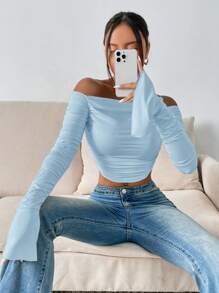Firerie Concert Off Shoulder Ruched Split Cuff Bodycon Crop Top - Baby Blue - View 4