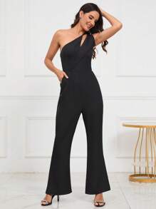 Chiquease One Shoulder Cut Out Flare Leg Jumpsuit - Black - View 5