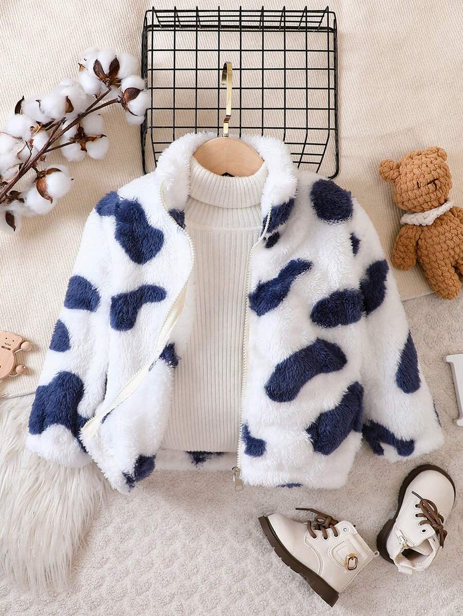 SHEIN Young Girl Cow Pattern Zip Up Coat Without Sweater - Multicolor - View 1