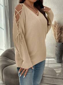 SHEIN Clasi Plus Size Women'S Tie-Up Raglan Sleeve Pullover Sweater In Fall/Winter - Apricot - View 3