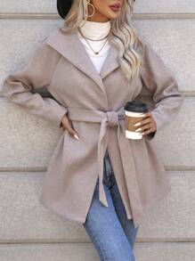 SHEIN LUNE Waterfall Collar Belted Overcoat - Mocha Brown - View 4