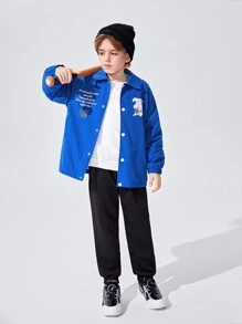 SHEIN 男大童標語圖案加絨內裏外套 - 藍色 - 查看 1