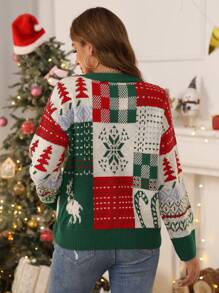 SHEIN LUNE Christmas Pattern Drop Shoulder Sweater - Green - View 2