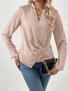 SHEIN LUNE Blusa unicolor fruncido delantero con botón delantero - Champán - Ver 6