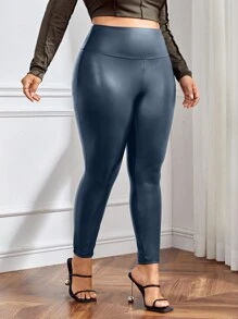 SHEIN Privé Leggings Apretados De Talla Grande De Pu - Azul Marino - Ver 4