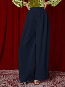 SHEIN Privé Plicated Detail Wide Leg Pants - Navy Blue - View 4