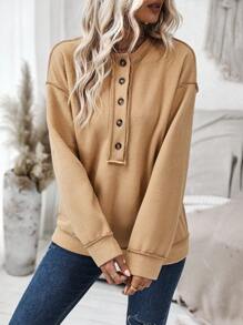 EMERY ROSE 半排扣落肩袖運動衫 - 卡其色 - 查看 3