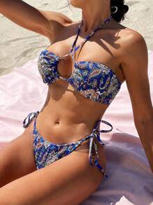 SHEIN Swim Paisley Print Halter Tie Side Bikini Set Summer - Multicolor - View 1