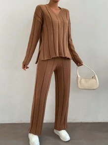SHEIN Essnce 落肩袖套頭毛衣和針織褲 - 棕色 - 查看 5