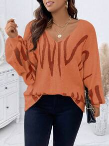 Calvaya 大碼圖形圖案蝙蝠袖套頭毛衣 - 亮橙色 - 查看 5