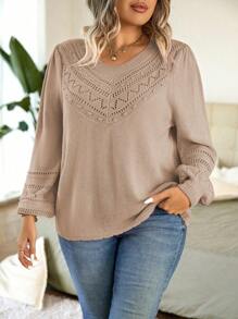 Calvaya 大碼網眼針織燈籠袖套頭毛衣 - 卡其色 - 查看 4